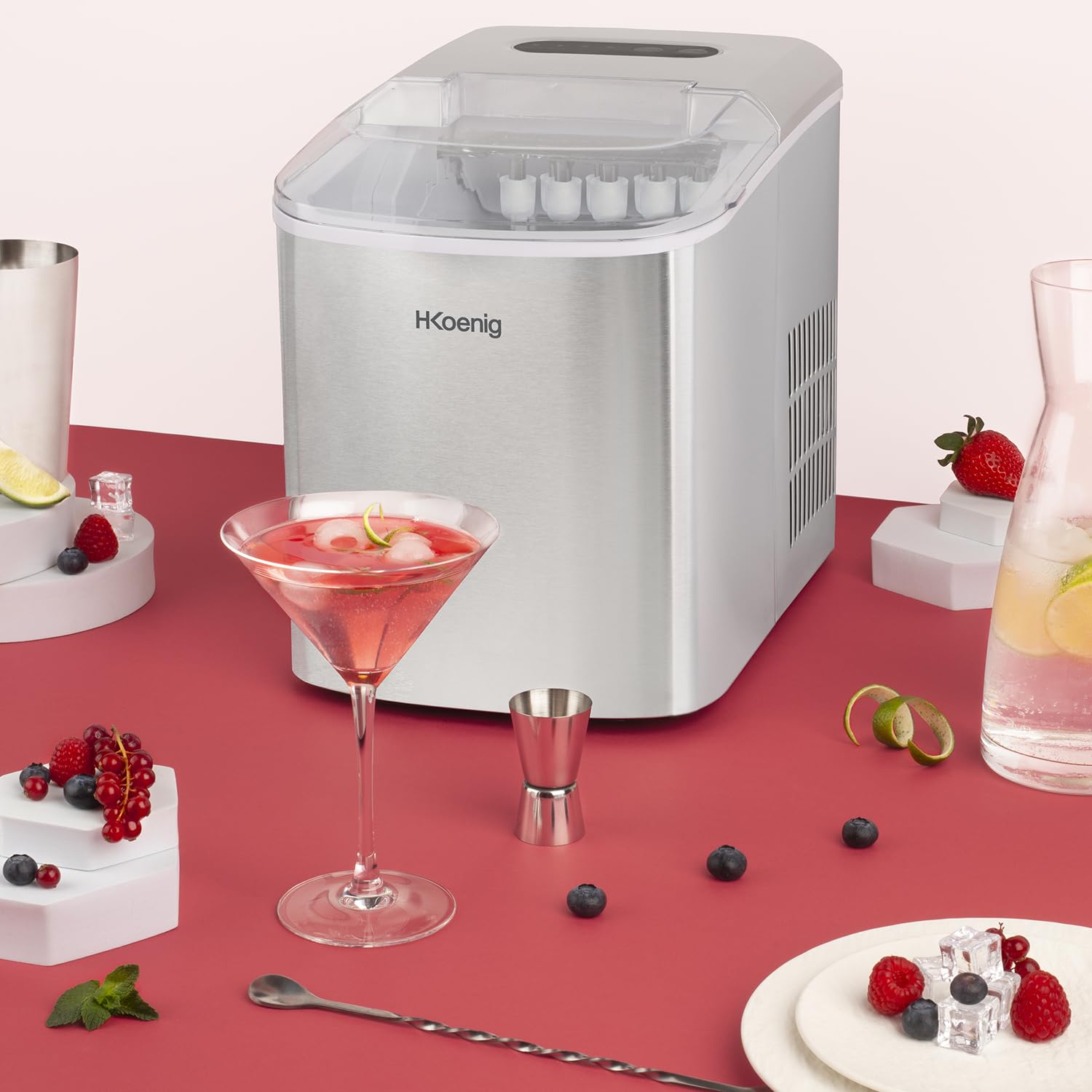 H.Koenig Machine à Glaçons KB14 Rapide – 12kg/24h, 9 Glaçons en 6 min, Réservoir 2,1L, 2 Tailles de Glaçons, Écran LCD, Autonettoyante, Inox, Idéale Cuisine, Bar, Soirées