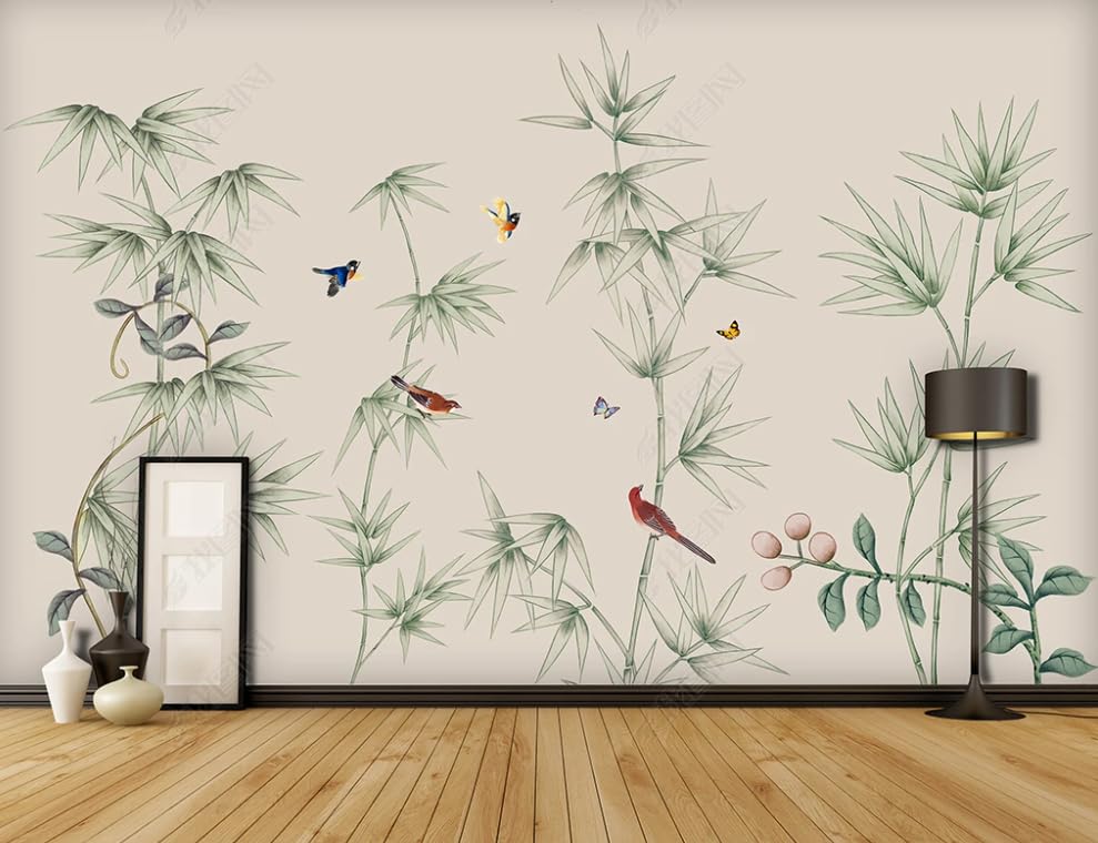 Papier Peint Intissé Oiseau Fleur de Bambou Poster Géant Mural Salon Chambre