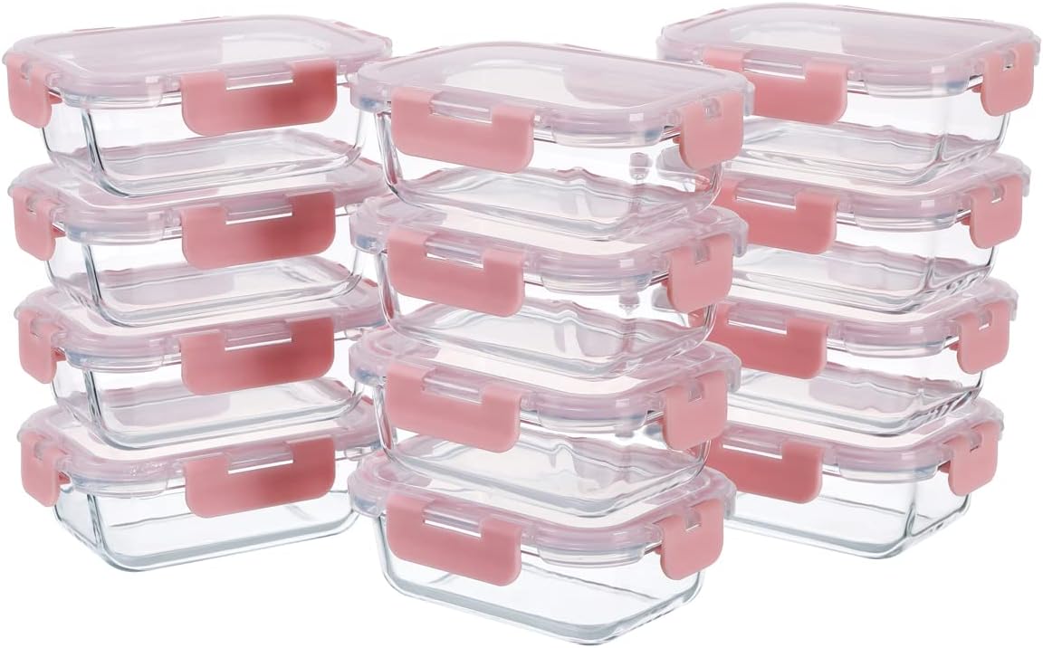 GULFLIN Small Glass Food Storage Containers 12 Pack-12oz Glass Containers with Lids for Meal Prep Food Storage, Freezer to Microwave Safe, Air-Tight, Leak-Proof, Pink Set Set of 12 (1.5 Cup) - Pink