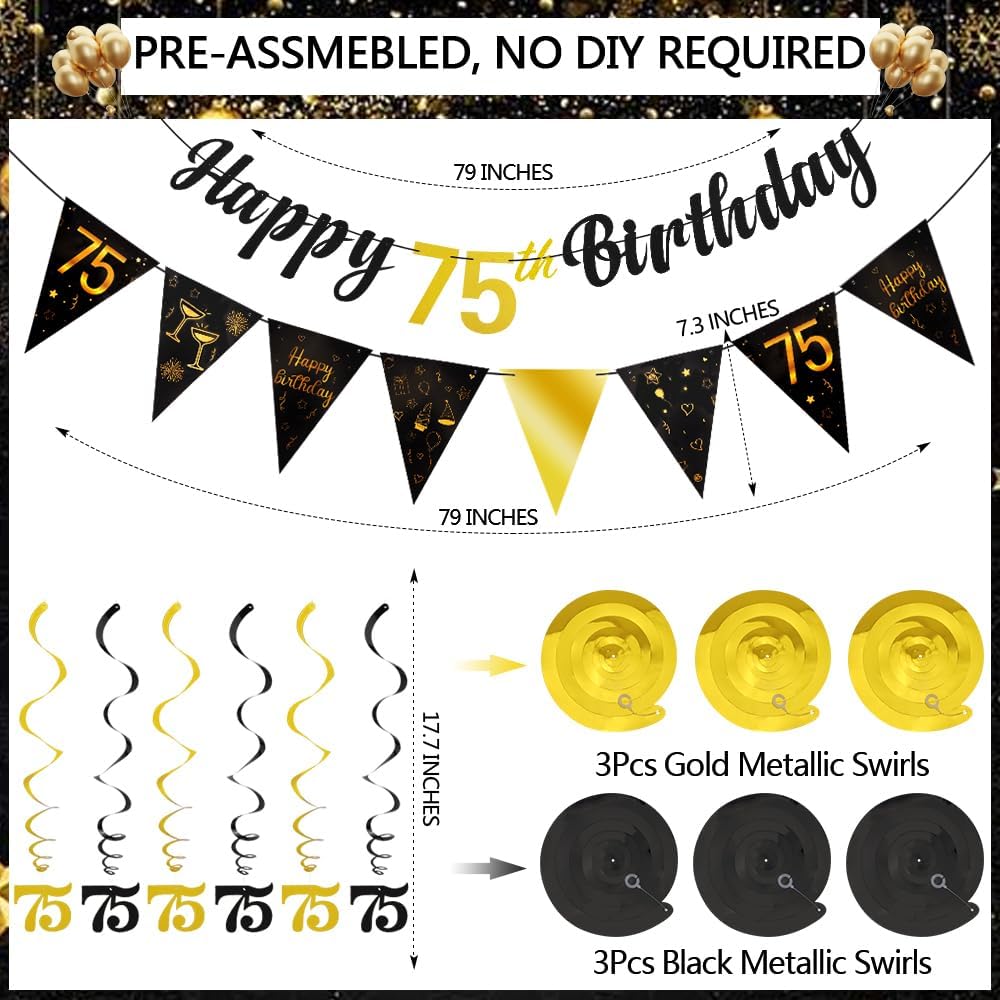 TOBATOBA 75th Birthday Decorations Kit for Men Women, Black Gold Happy 75th Birthday Banner, Triangle Flag Banner 75th Birthday Party Decorations, Swirl Streamers Paper Pompoms Party Supplies - Image 2