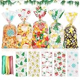 Muyohix 150 Stück Plätzchentüten, Kekstüten Weihnachten, Weihnachtstüten zum Befüllen mit 180 Kabelbindern, Cellophantüten Geschenktüten Weihnachten für Kekse, Schokolade, Süßigkeiten