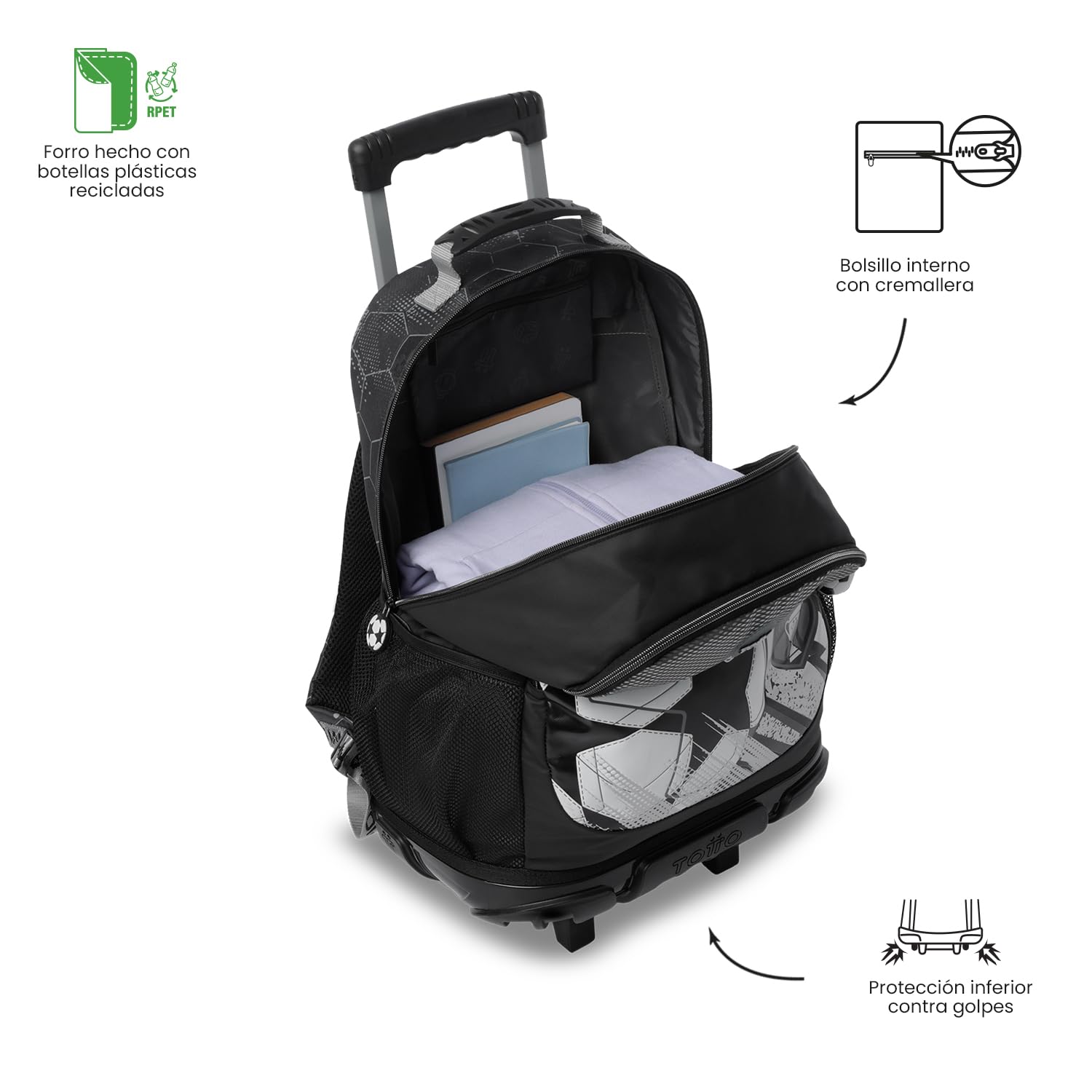 TOTTO - Mochila Escolar con Ruedas, Modelo Champion L, Mochila Grande, Capacidad 31 L, Bolsillos Botella, Compartimento Frontal, Protección en la Base, Correas Ajustables, Estampado Champion Gray