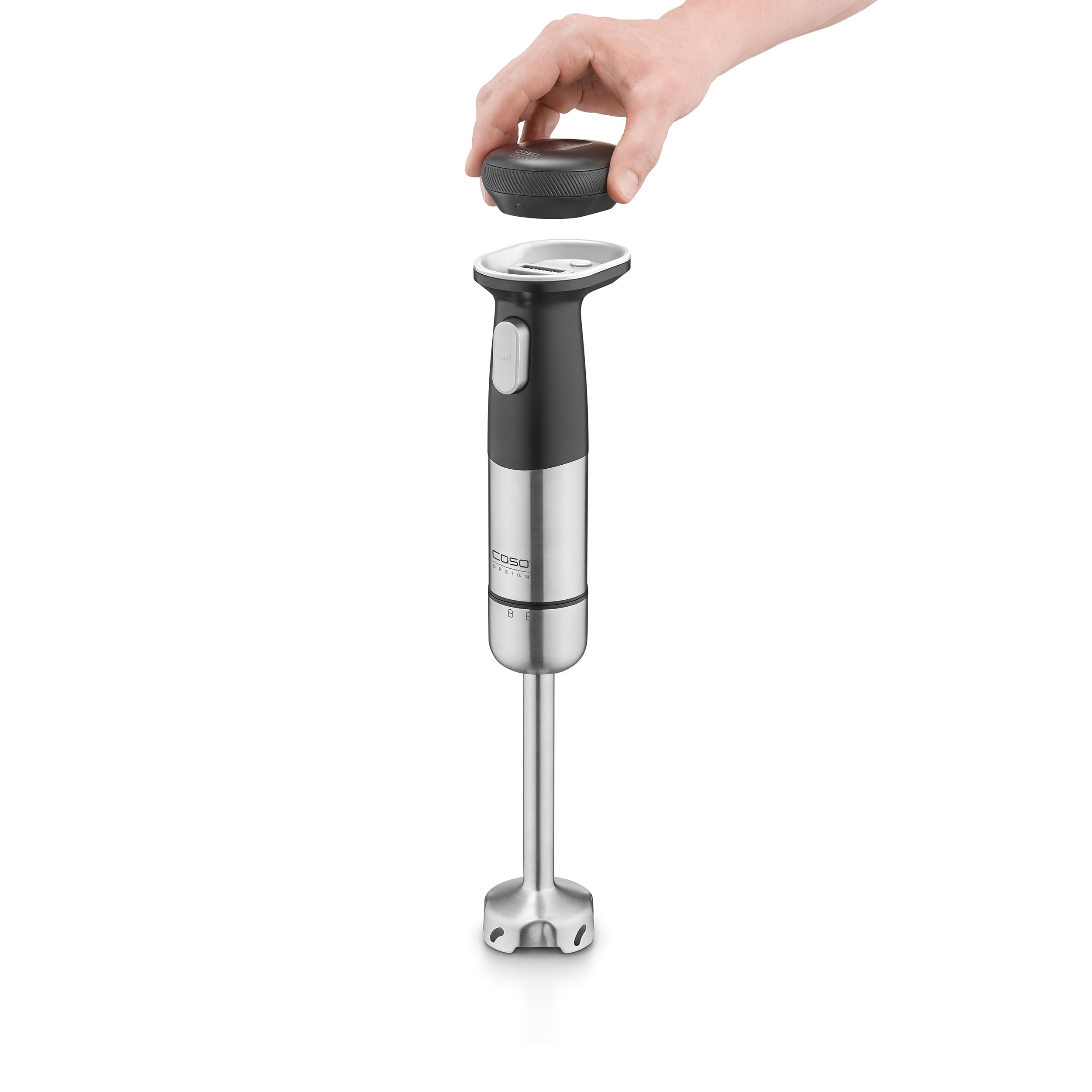 CASO Click & Mash - Miscelatore a immersione wireless 4 in 1, funziona a batteria, utilizzabile come purea, tritatutto, frusta, montalatte per emulsionare, velocità da 6.000 a 13.000 rpm