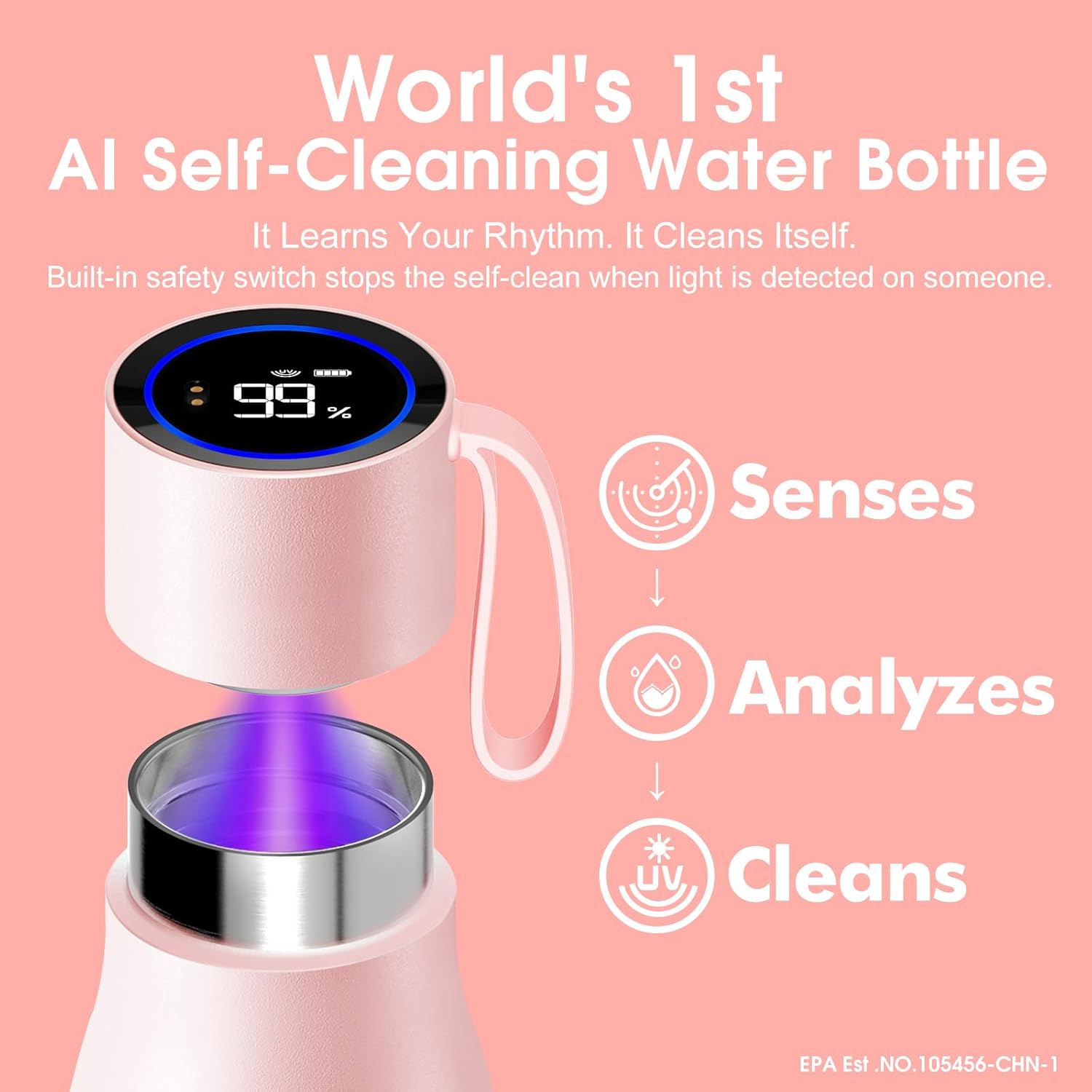 VSITOO 15oz Smart Self Cleaning Water Bottle,Insulated Water Bottle with Stainless Steel, BPA-Free, AI Self-Clean, 30-Day Battery, Magnetic Charging for Travel, Gym or Office, Pink - Image 2