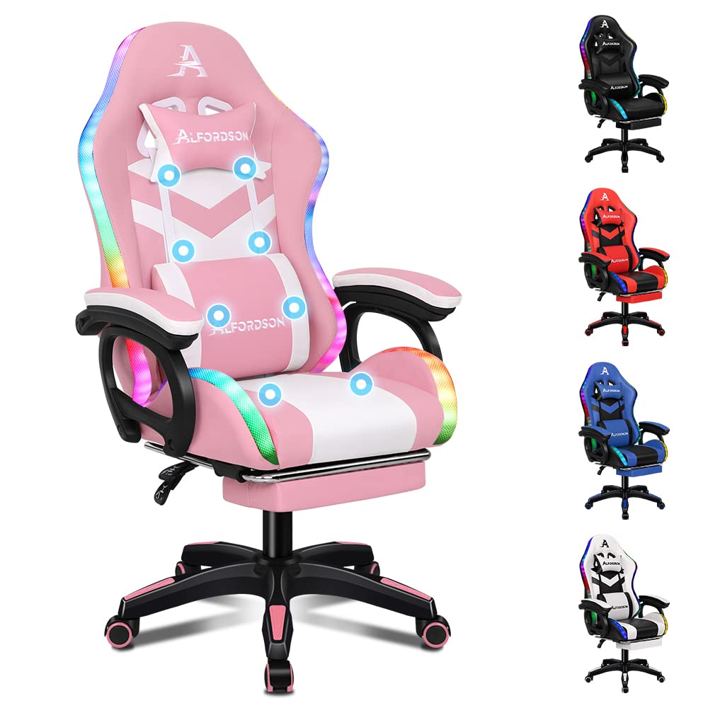 ALFORDSON Gaming Office Chair with 12 RGB LED Lights & 8 Point Massage, Racing Computer Chair with Lumbar Support & Retractable Footrest, Ergonomic Desk Chair with PU Leather Seat Office Gamer (Pink) - Pink