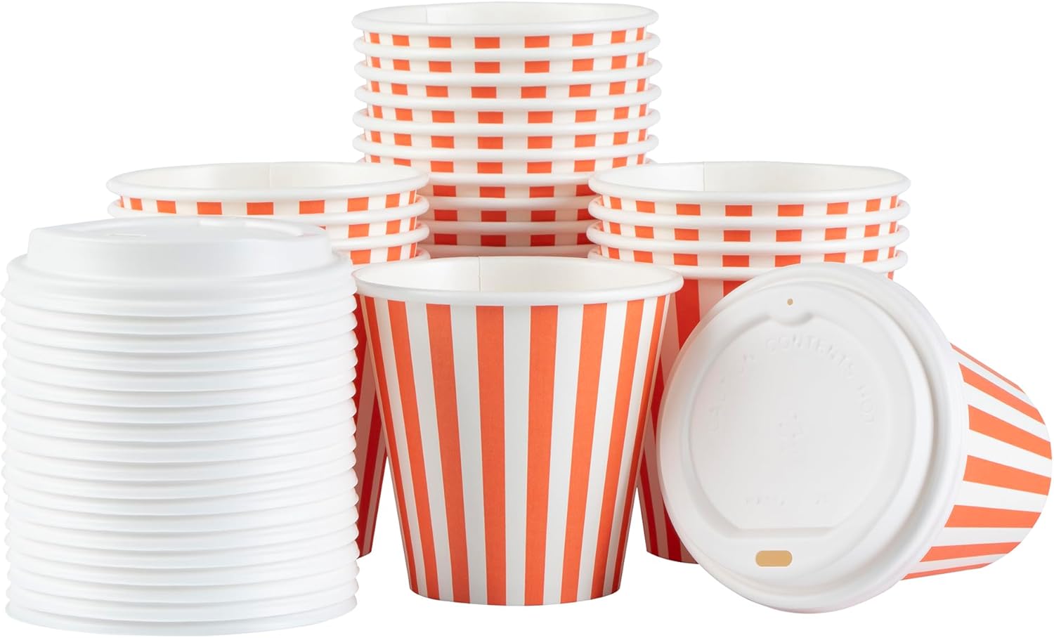 Restaurantware 8 Ounce Disposable Coffee Cups With Lids, 400 Hot Cups With Lids - Sleeves Sold Separately, Single Wall, Orange And White Stripe Paper Coffee Cups, For All Kinds Of Beverages
