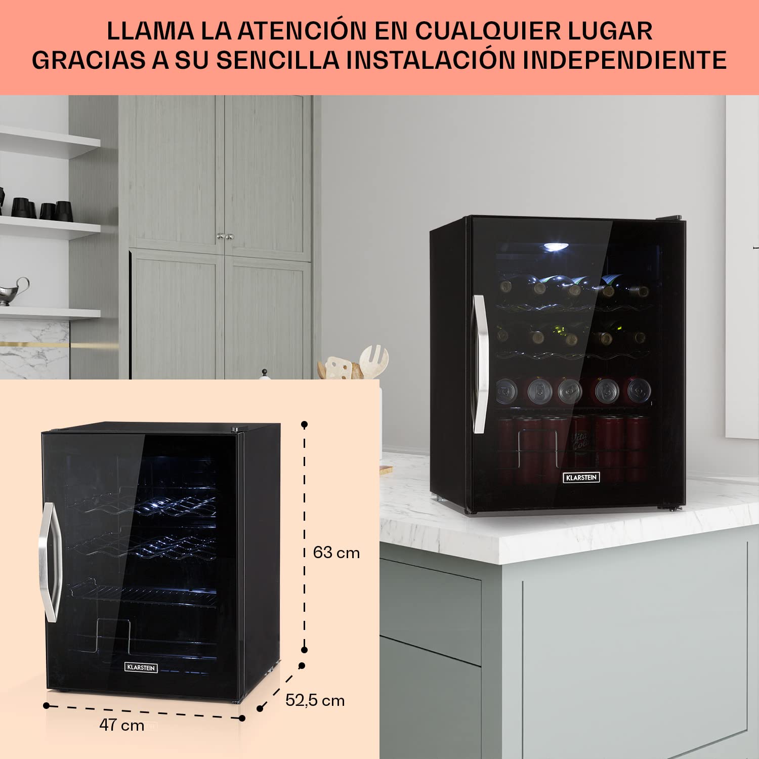 KLARSTEIN Mini Nevera Pequeña Puerta Cristal Habitaciones, Portatil Electrica, para Bebidas, Frigorificos 60L, con Estantes