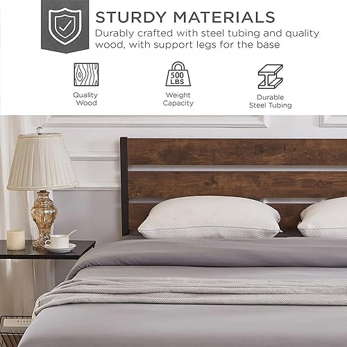 Miniatura 25 de Cama de plataforma de metal de tamaño individual con cabecera de madera, no necesita somier, fácil montaje, grano de madera negro Grano de madera