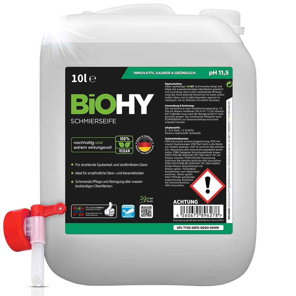 BiOHY Jabón lubricante (Bidón de 10 litros) + Grifo de Salida | concentrado para suelos | Aplicable a todas las superficies delicadas | Caucho, linóleo, parqué, PVC, piedra (Schmierseife)