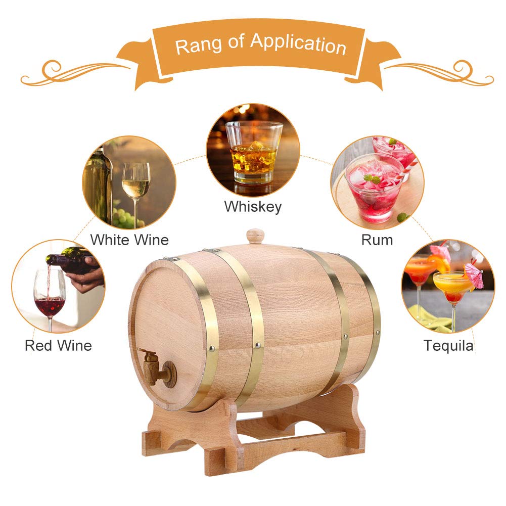 Barril de vino de roble, 10 L, práctico, duradero, de madera de roble, con soporte de madera para whisky Bourbon Tequila vino vinagre cerveza