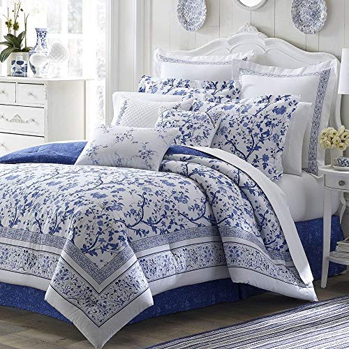 HNU 4 Piece French Country White Blue Floral Comforter, Beautiful Flowers Leafs Botanical Toile Nature Pattern Shabby Chic Bedding, Sophisticated Romantic Look Sateen Weave Queen Comforter