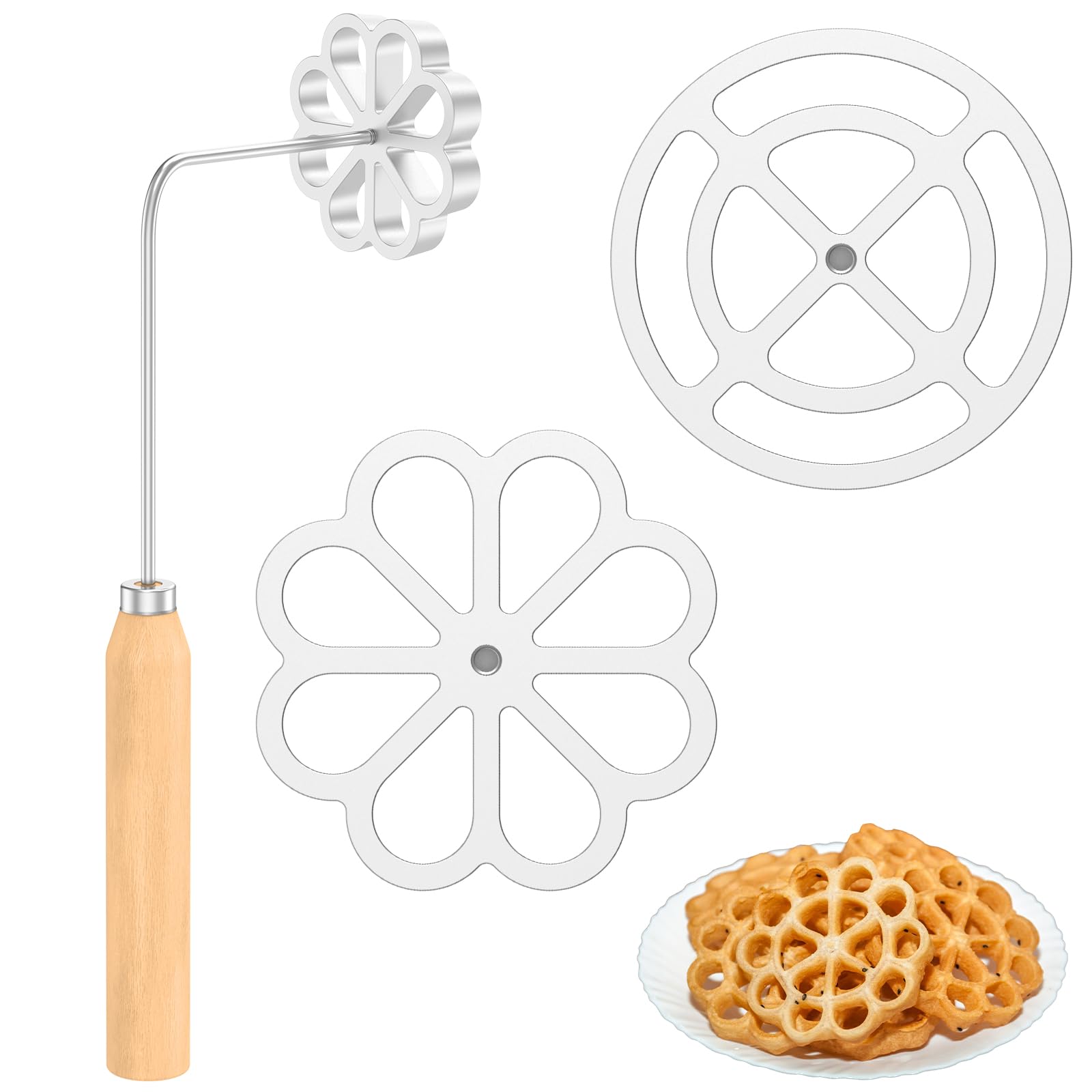 3 Pcs Rosette Iron Molds Set, Aluminium Rosette Maker, Bunuelos Mold with Handle, Round Waffle Molds, Funnel Cake Ring Pastry Bunuelo Maker Tools for Kitchens Baking Cooking
