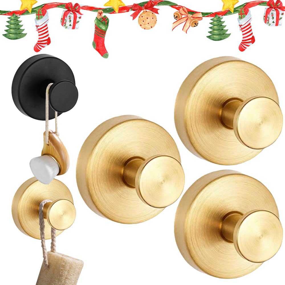 2025 Upgraded Suction Cup Hooks, Suction Cup Hanger for Wreaths on Glass, No-Drill Stainless Steel Waterproof Hooks for Shower Bathroom (Gold, 3 PCS)