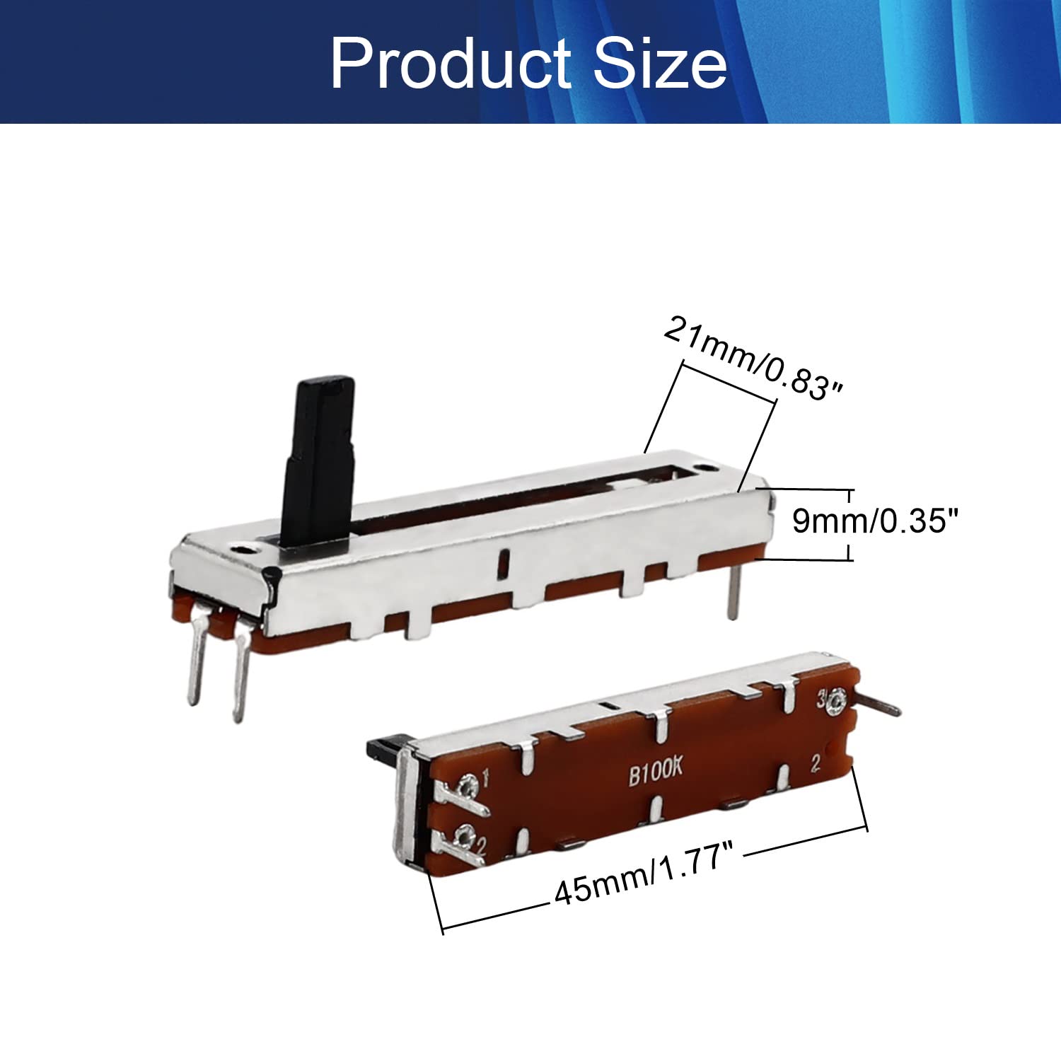 2Pcs 100K Slide Potentiometer Carbon Film Fader Variable Resistors Mixer 45 x 9.5mm B100K 3Pins Ohm Linear Potentiometers for Dimming Tuning,Aicosineg