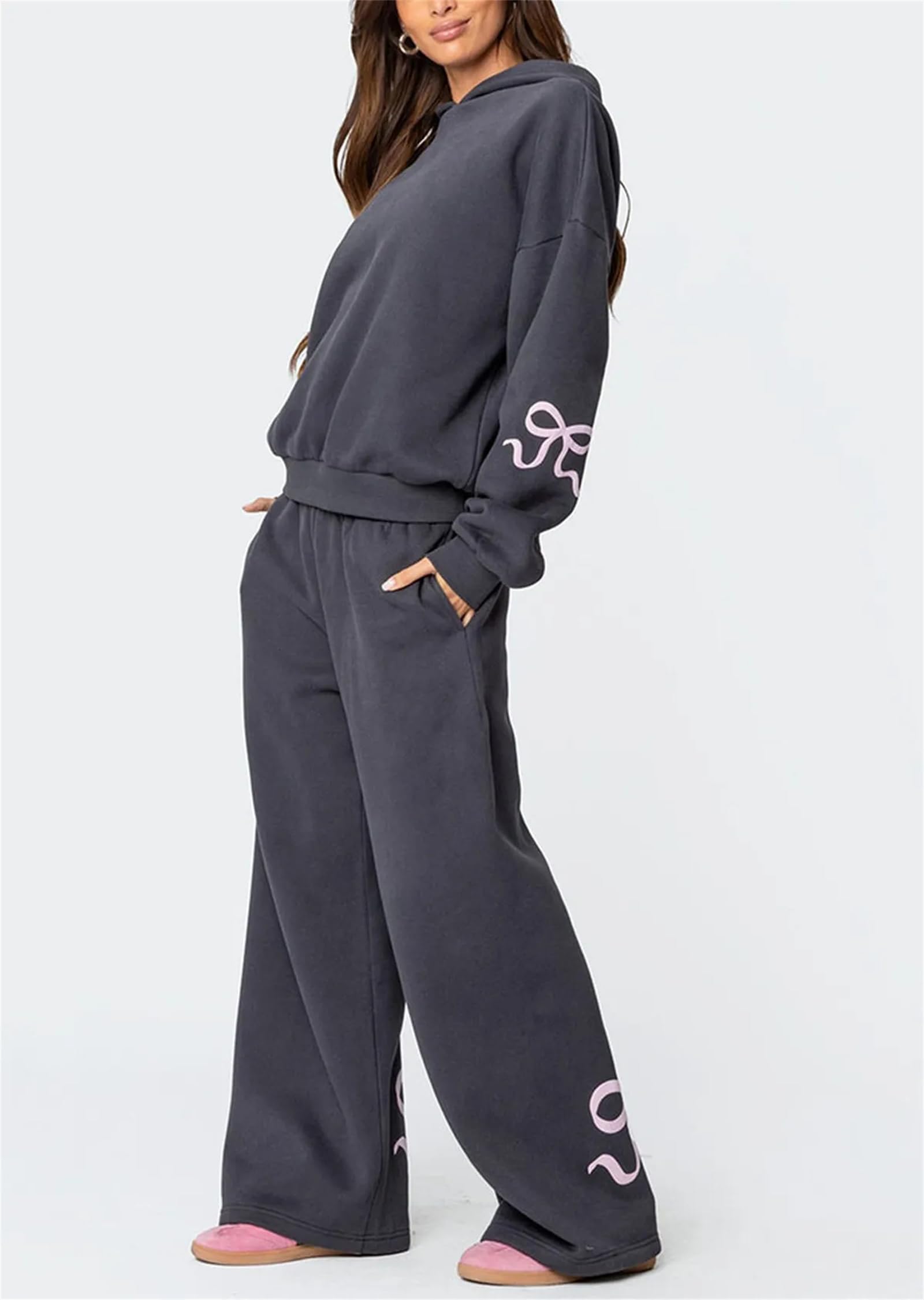 Conjunto deportivo de 2 piezas para mujer, conjunto de estampado de lazo, sudadera con capucha y pantalones deportivos para mujer, sudadera con lazo para mujer