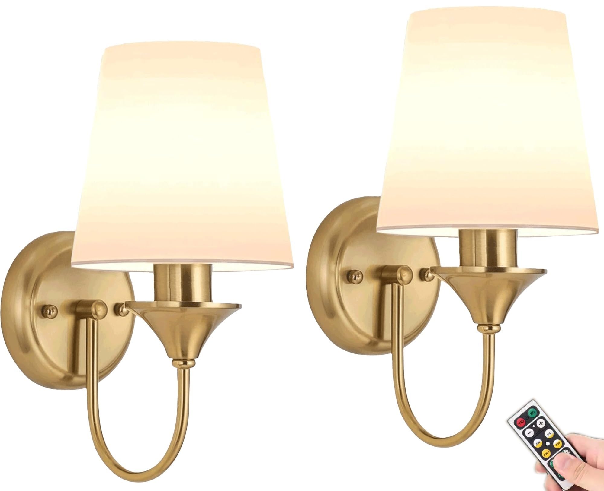 Battery Operated Wall Lights Set of Two 2 Pack Antique Brass Vintage Battery Operated Wall Sconces Light Fixture with Flared White Fabric Shade for Dining / Living Room Bedroom Bathroom Hallway Gold
