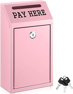 Safe Cash Box Money Collection Metal Donation Box with Lock Wall Mount Pre Drilled Mailbox Delivery Ballot for Home Office Outdoor Self Serve Stand(Pink,10.2 x 5.7 x 2.8 Inch)