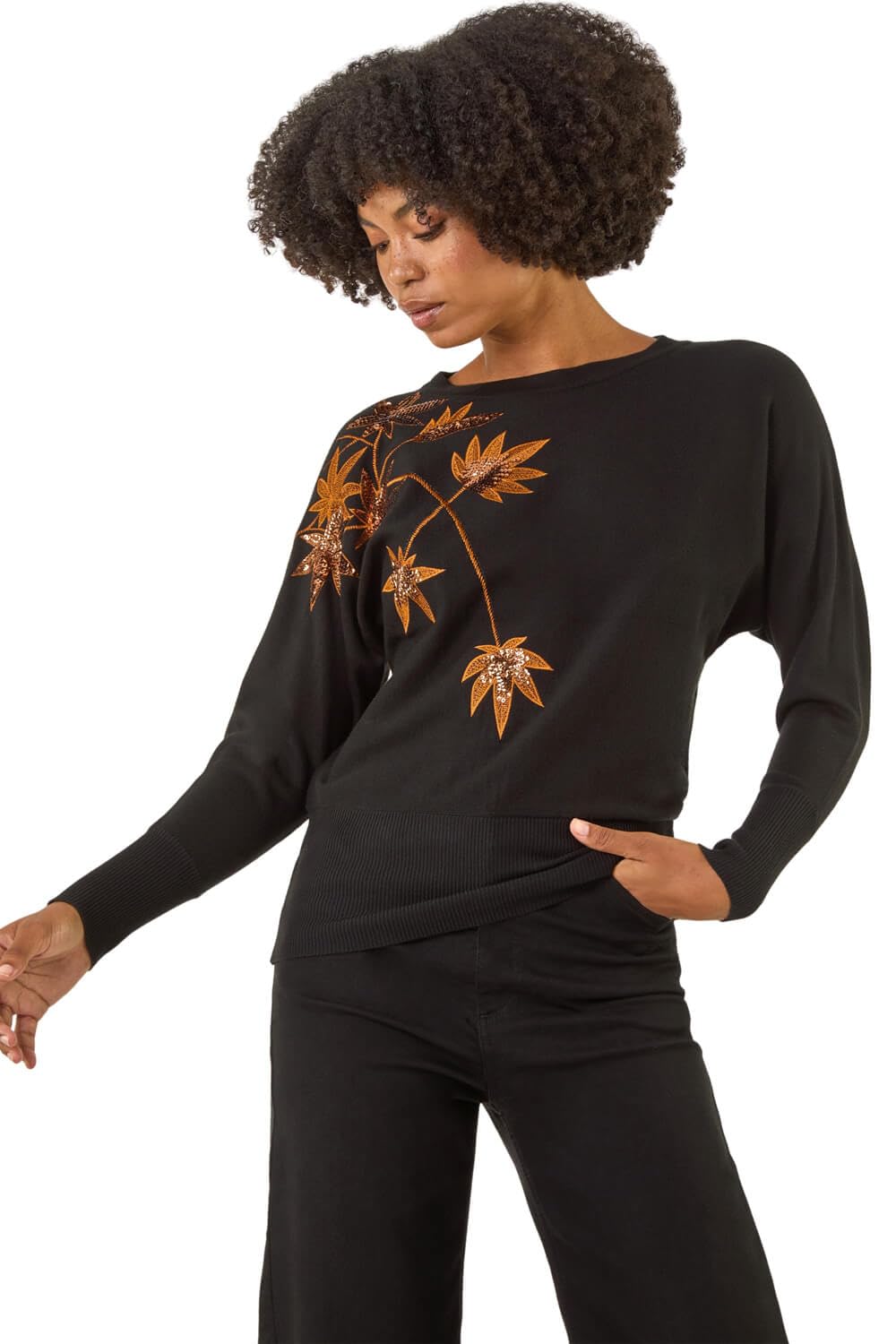 Roman - Women's Jumper - Sequin Floral Embroidered - Size 14 - Black