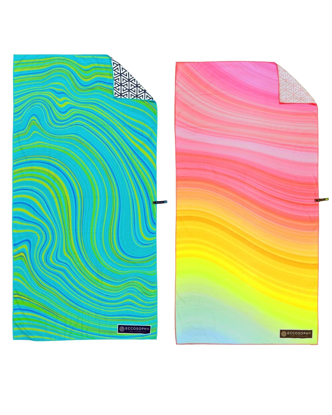 ECCOSOPHY Bundle of 2 large 71x35 inch towels. 1 regular microfiber and 1 eco friendly towel made from 100% recycled materials.