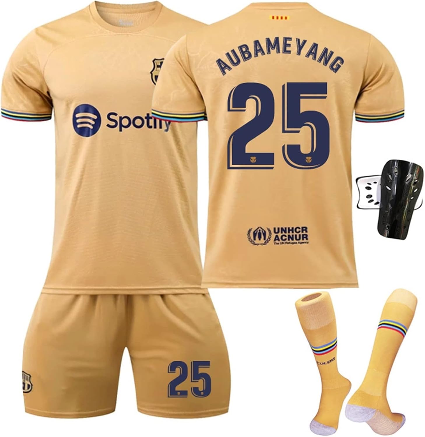 オーバメヤン ユニフォーム Aubameyang サッカーユニフォーム 22 23 バルセロナ アウェイ Fcバルセロナ 背番号25 サッカースーツ サッカージャージ 子供用大人用 半袖 短パン 靴下 ニーブレース 子供大人用 サッカージャージセット 新年の贈り物