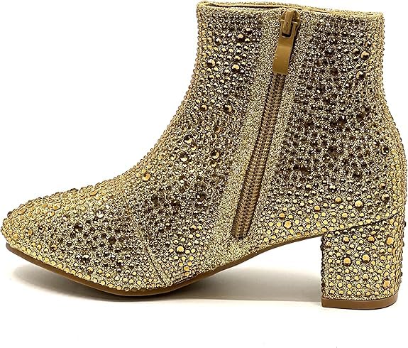 Forever Girls Rhinestone Boots Kids Low Heel Dress Booties Iceberg-12K Shoes Gold Rhinestone 24
