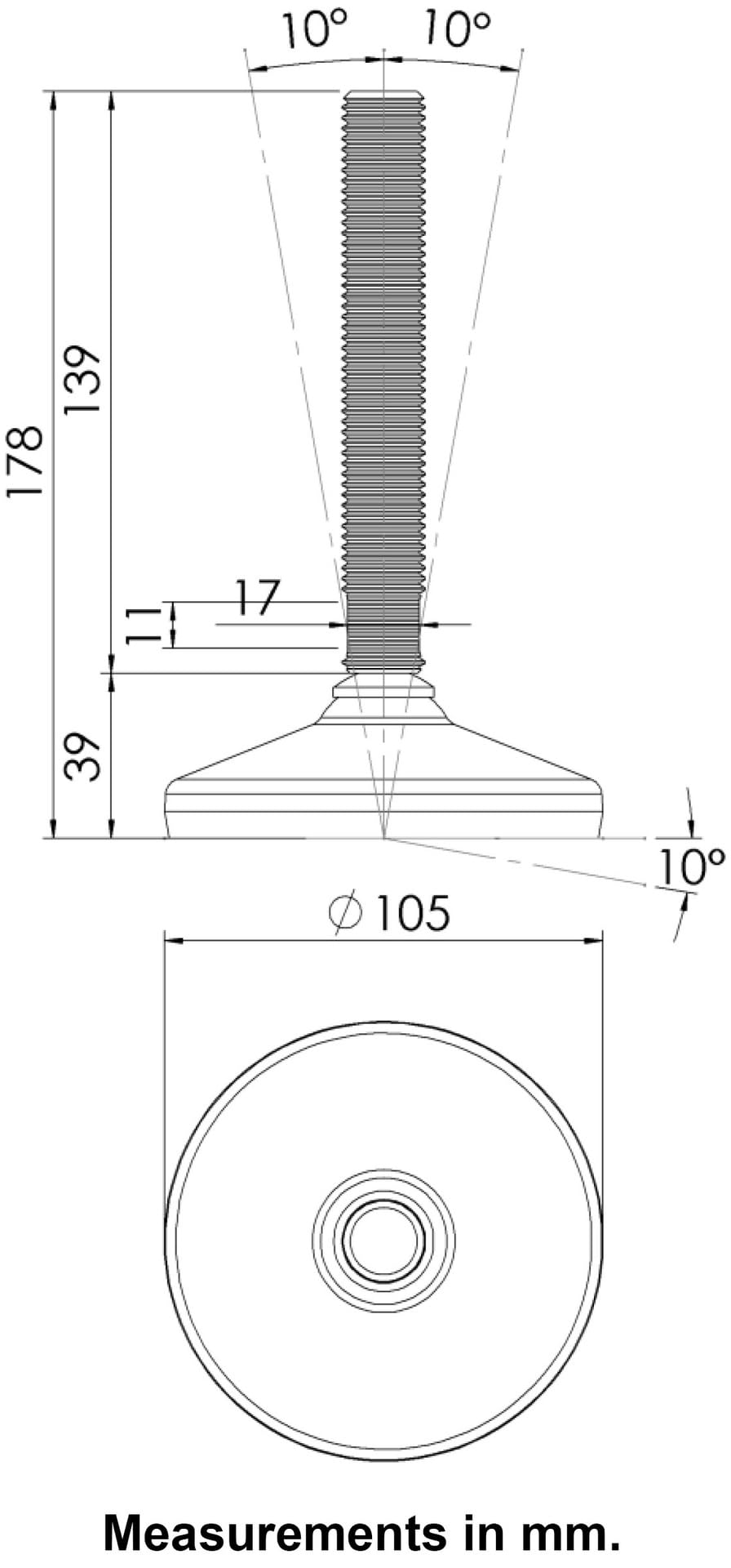Pie de nivelación inoxidable 20x150x105 mm base y almohadilla antivibración 2200kg-Set de 4