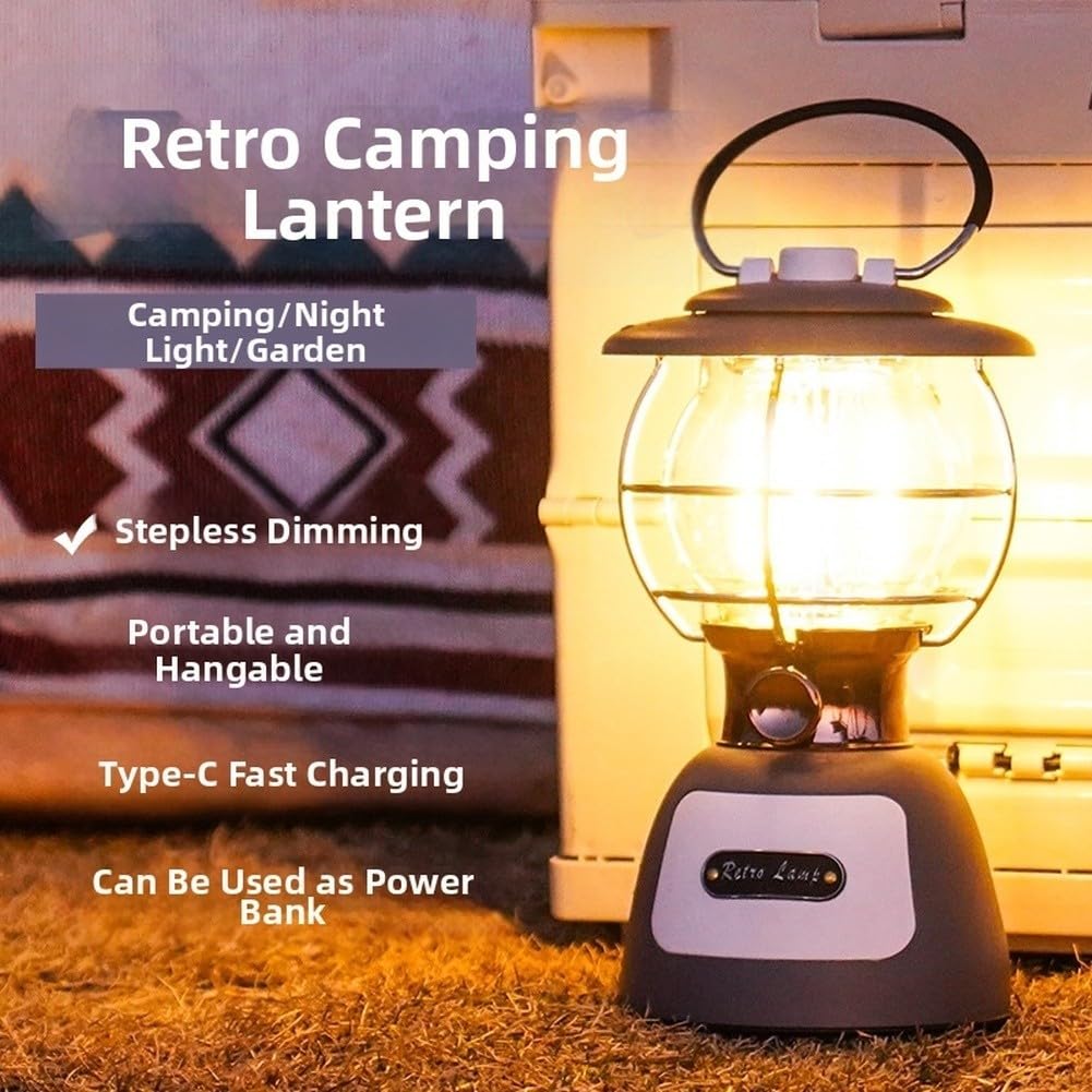 Eawfgtuw Linterna LED de camping con batería de 5200 mAh, luz de tienda regulable para senderismo al aire libre, banco de energía de puerto de carga rápida, lámpara de filamento retro, mango de gancho
