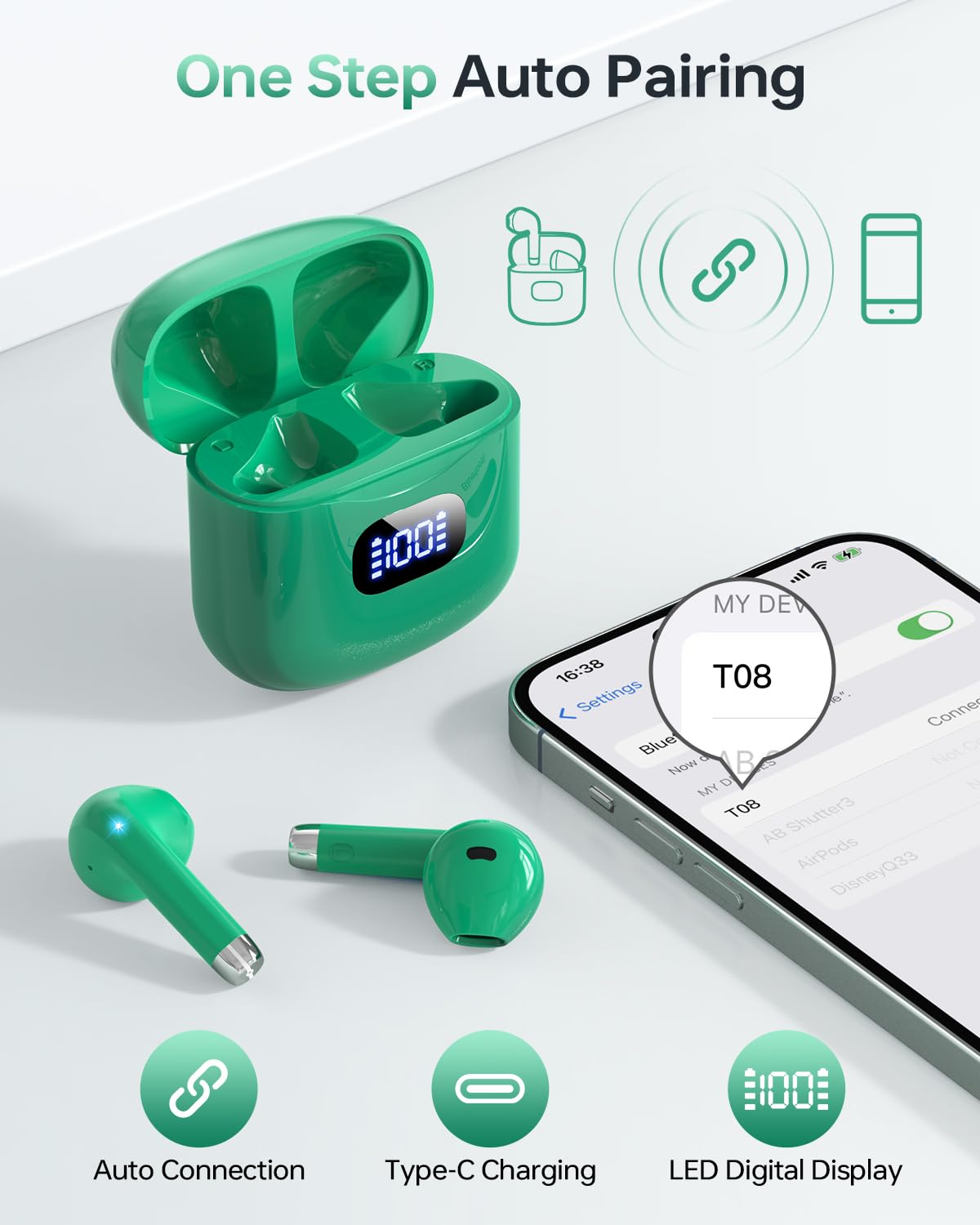 Auricolari Wireless Bluetooth 5.3 40 Ore Riproduzione Stereofonia LED - Dettaglio