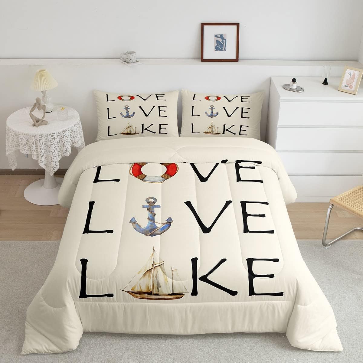 Lake House Comforter Set Queen Size, Nautical Anchor
