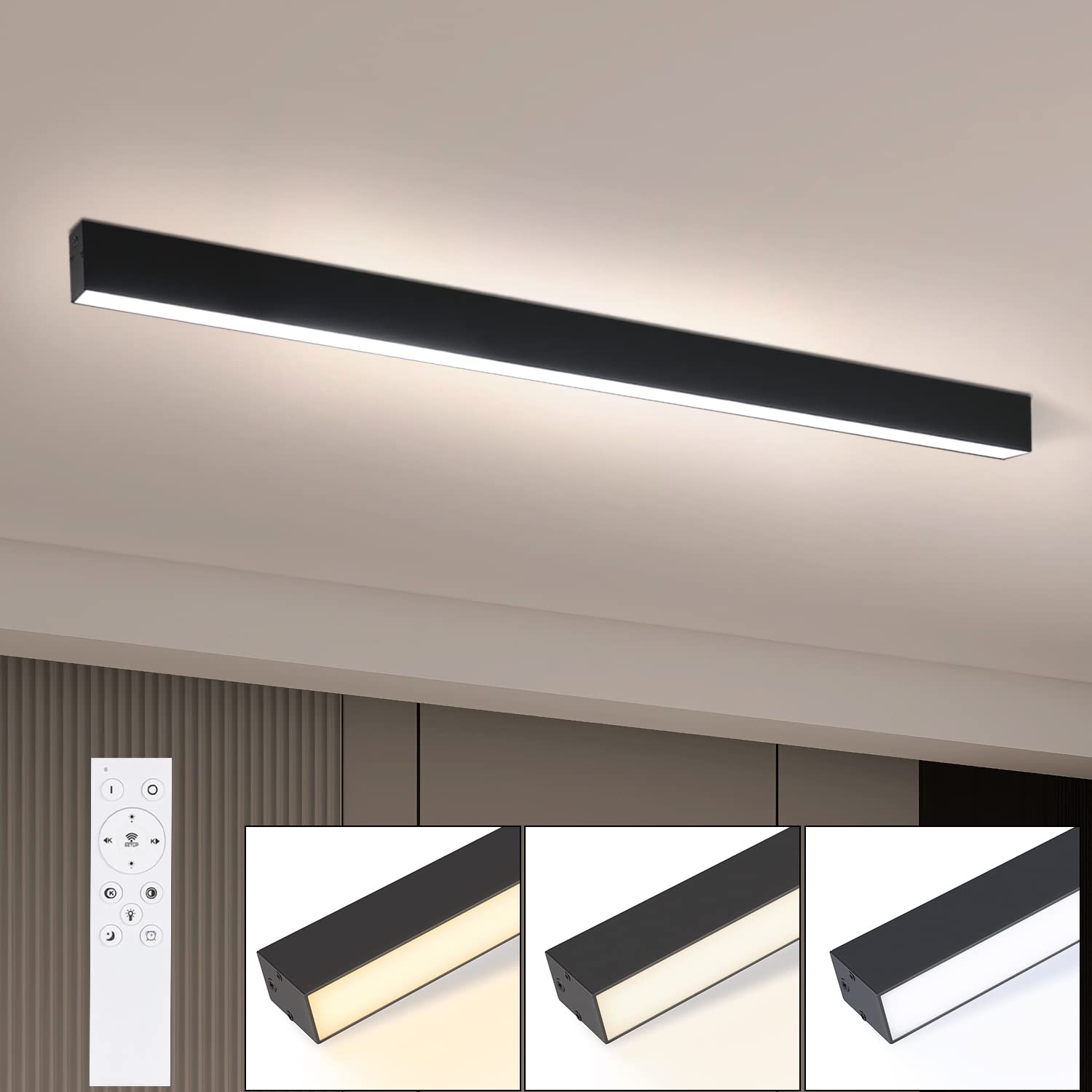 Glitzerlife Deckenlampe LED Deckenleuchte Schwarz Lang 107CM Dimmbar | Wohnzimmerlampe Küchenlampe 32W Bürolampe Modern Fernbedienung Büro Deckenbeleuchtung Küche Wohnzimmer Schlafzimmer