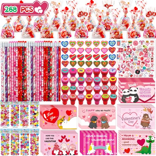 juskid 268pcs Valentines Day Gifts for Kids Classroom 28 Pack Valentines Goodie Bags Stuffers Valentine Gift for Kids Valentines Classroom Party Favors Prizes From Teacher