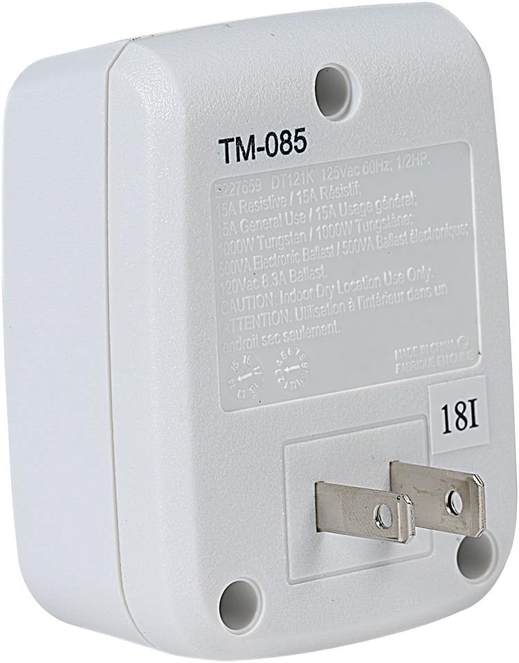 Back view of the Intermatic DT121K digital timer showing the 2-prong plug and product label.