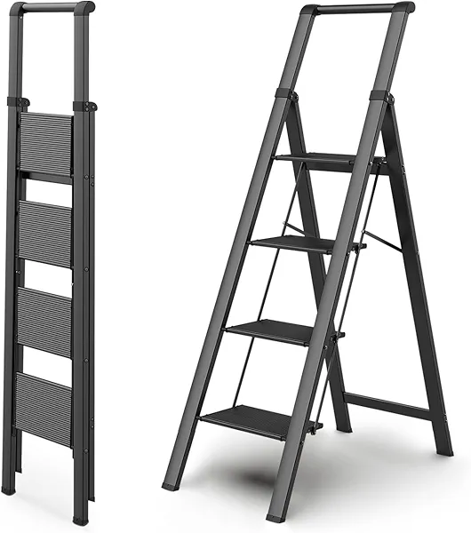 WOA WOA 4 Step Ladder, Ladders for Home, Anti-Slip Pedals, Aluminum Step Stool Foldable, Lightweight to Move, Ease of Storage, Reach 9ft for Closet Kitchen Library, Hold 300lbs - Black