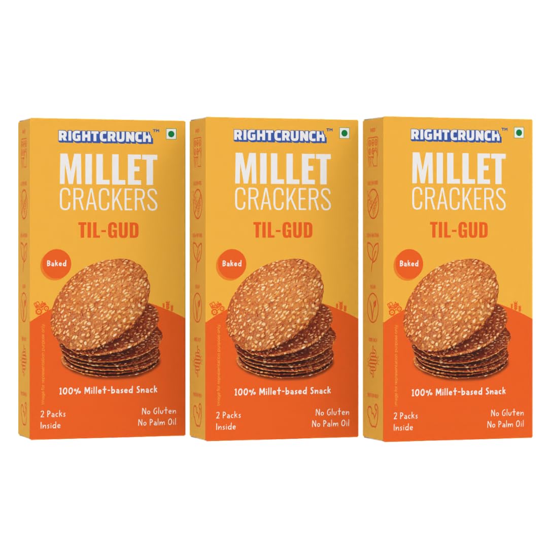 Rightcrunch Millet Crackers - Baked Snack, No Maida, No Palm Oil, Gluten-Free, No Artificial Flavours or Preservatives Pack of 3 – 300g (Pack of 3, Til Gud)