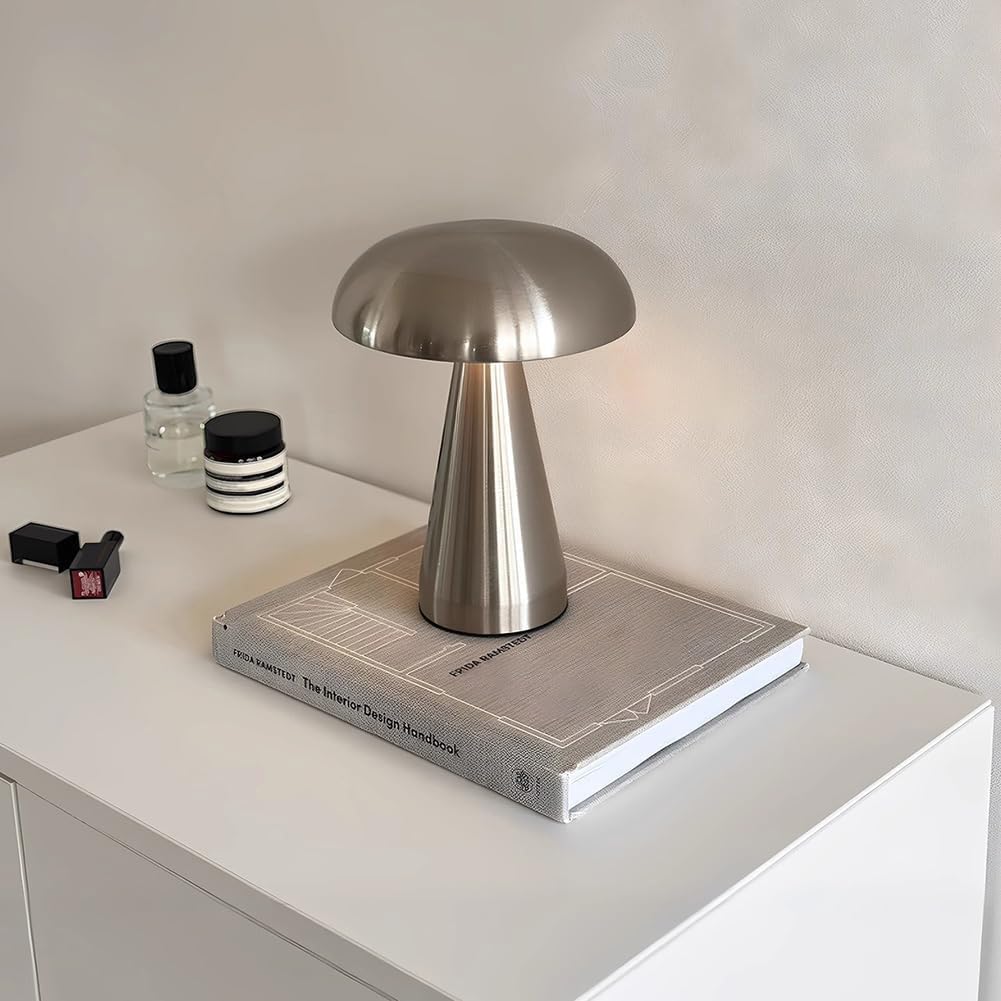 Pilz Tischlampe Kabellos Akku Pilzlampe USB Aufladbar Batterie Pilz Lampe Dimmbar mit Touch Control Tischleuchte Innen und Außen Flowerpot Lampe für Schlafzimmer Kinderzimmer Camping,Silber