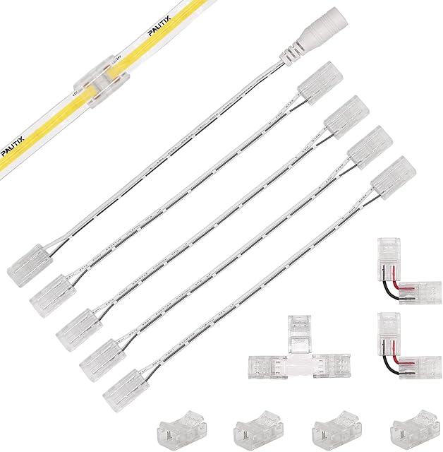 COB LED Strip Connector Set for 8mm Width COB Strip 2 pin,4pcs Transparent Gapless Middle Connectors ,2pcs L shape ,1pcs T shape and 4pcs Dual End Extension Wires 15cm with 1pcs DC Female Connector