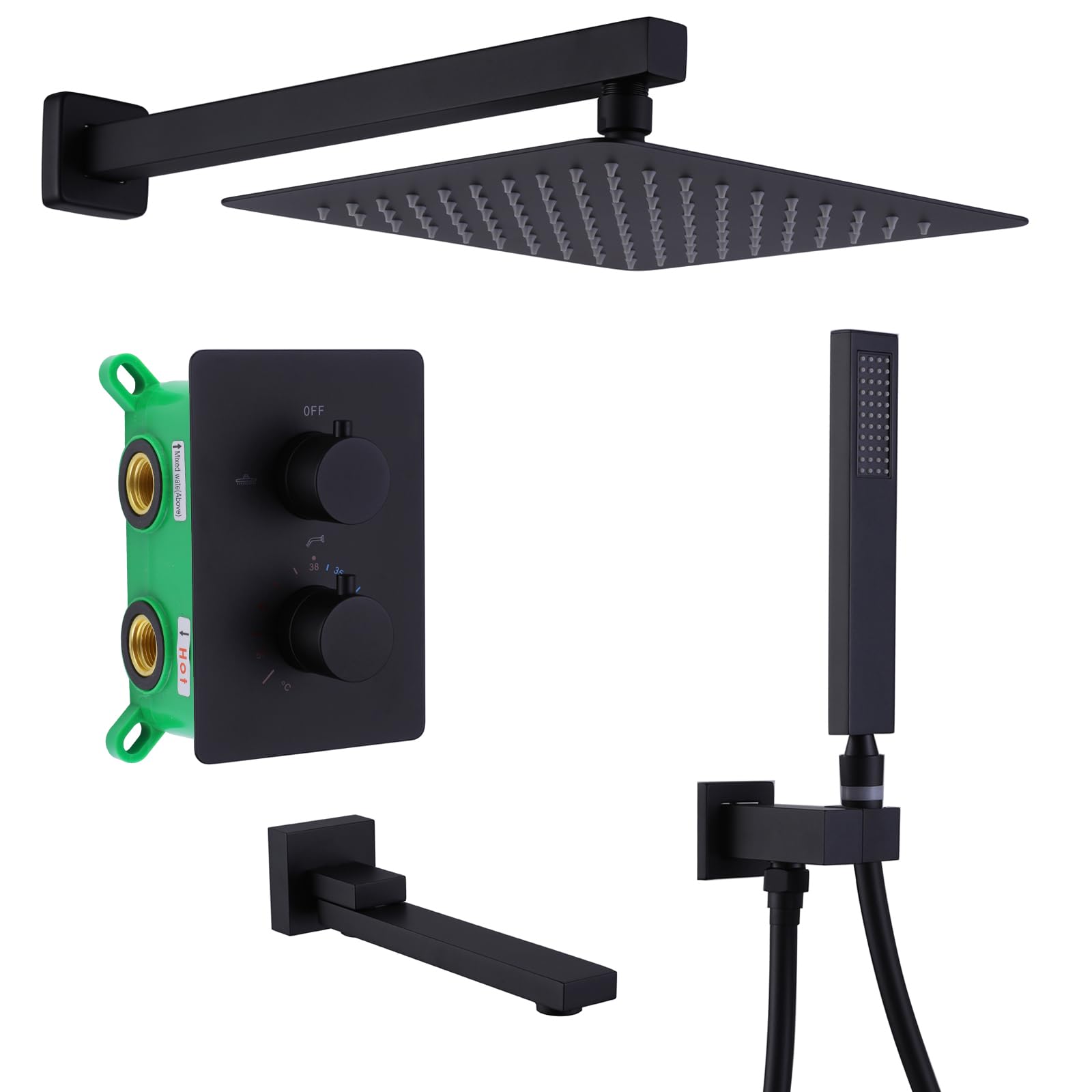 Ensemble douche pluie et bain thermostatique noir mat pour salle de bain familiale