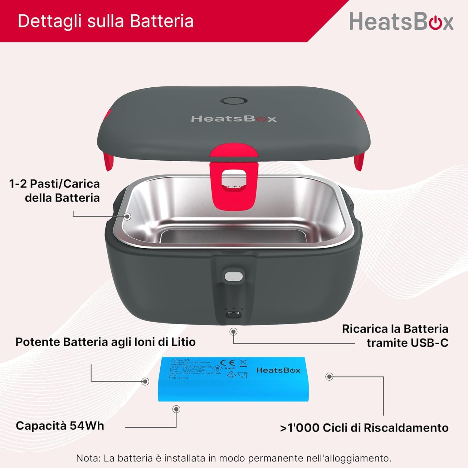 Faitron HeatsBox Go - Contenitore per il pranzo elettrico, per il riscaldamento degli alimenti, controllo tramite app, batteria integrata, ciotola in acciaio inox a tenuta stagna (925 ml), 100 Watt