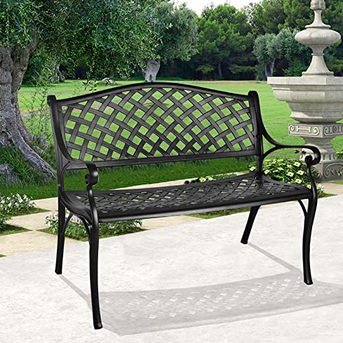 Grepatio Outdoor Patio Garden Bench All-Weather Cast Aluminum Loveseats Park Yard Furniture Porch Chair Work Entryway Decor W/Checkered Design(Black) #TOP4