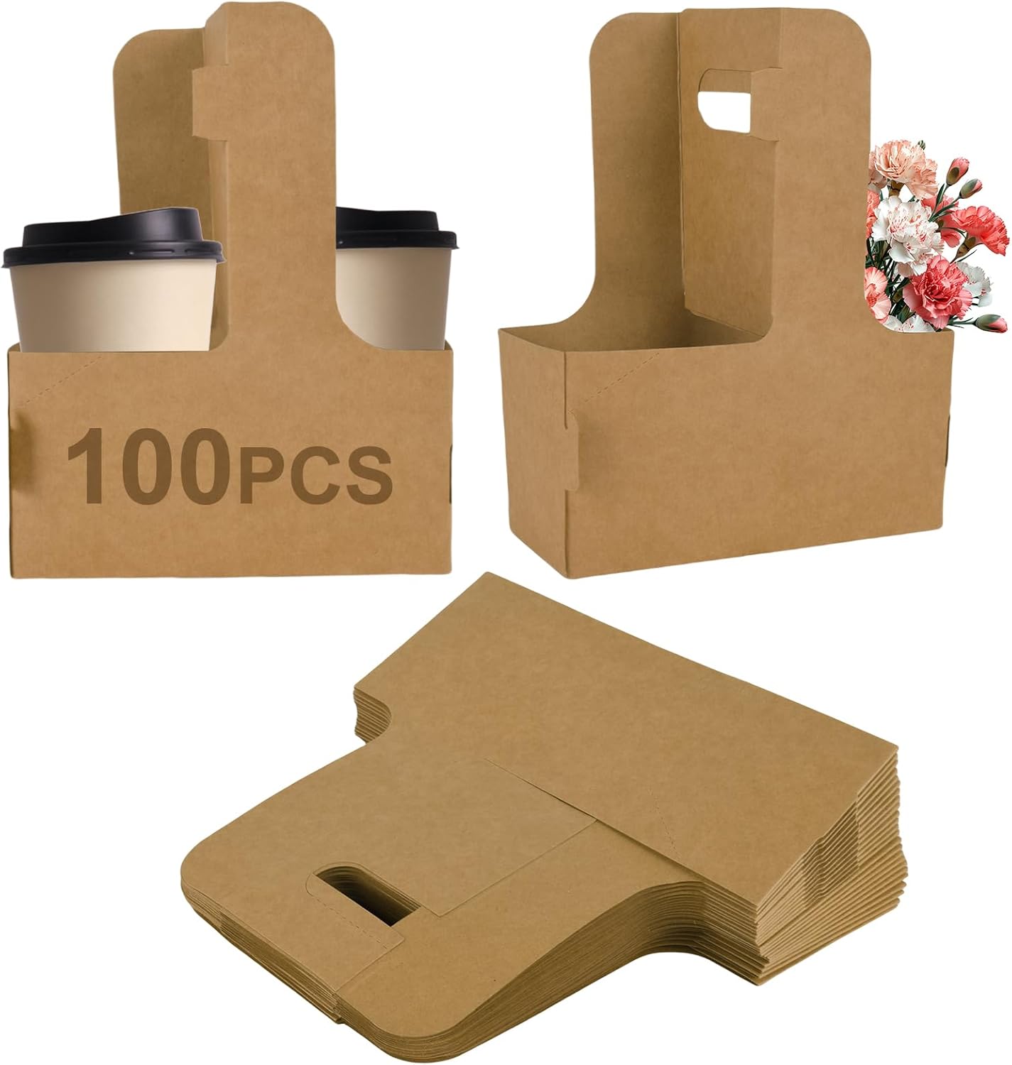 100 Pack Drink Carrier with Handle, 2 Cups or 4 Cups Assemblable Disposable Paper Cup Holder, Coffee and Drink Carrier, for Coffee and Drink Delivery Cup Holder
