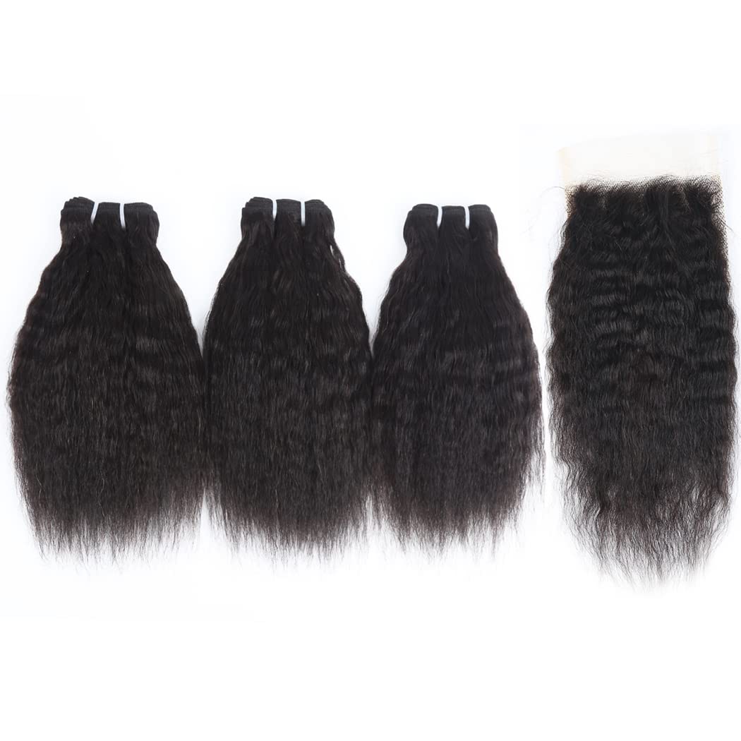 Odir Kinky Straight Bundles with Closure Brazilian Human Hair Unprocessed 9A Yaki Straight Virgin Hair 3 Bundles with 4x4 Lace Closure 10 10 10+10 Inch 50g/Bundle Natural Black