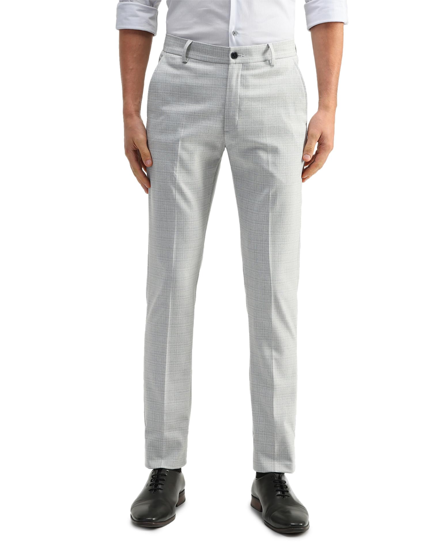 arrow New York Men's Grey Checks Mid Rise Polyester Button Slim Fit Flat Front Slant Pocket Trousers-picture-11