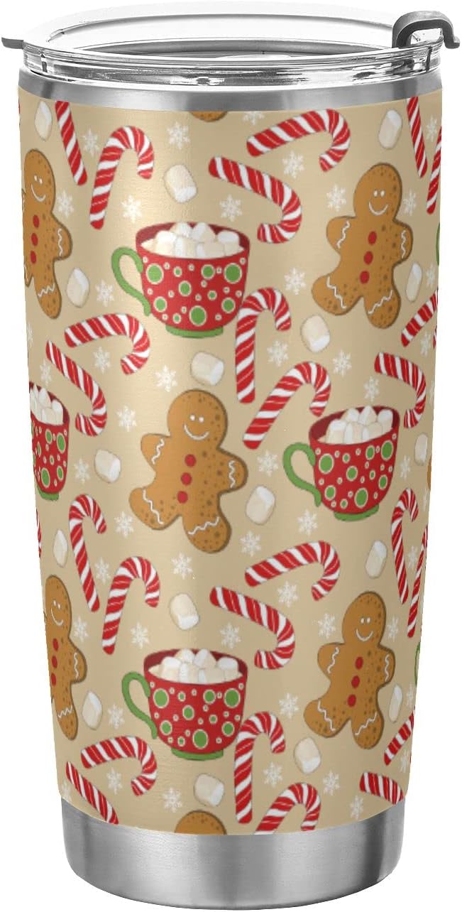 Christmas Tumbler Gingerbread Snowflake Candy Insulated Coffee Cup Beverage Container Office Travel Mug with Straw and Lid 20oz Holiday Back to School Gift