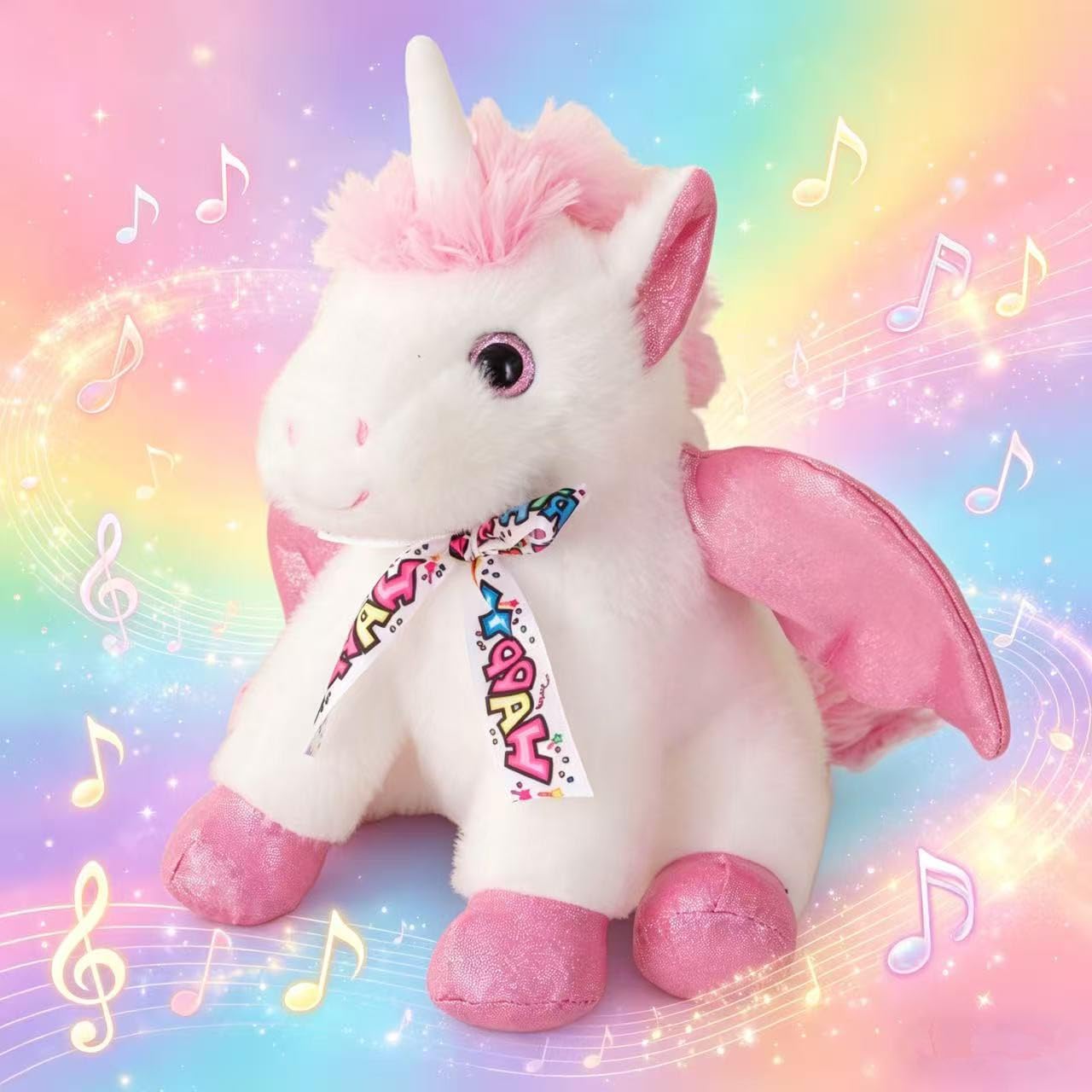 Happy Birthday Gifts - Peluche a forma di unicorno con la canzone di buon compleanno, unicorno con ali mobili, regalo per feste per bambini, ragazzi, ragazze, bambini, 28 cm, rosa