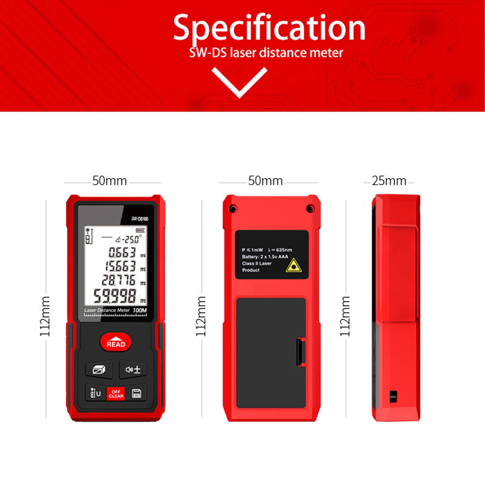 Wisecoco Herramienta De Medición Láser, Medidor De Distancia Láser Digital De 50/70/100 M, Buscador De Rango De Herramienta De Medición Láser con LCD Retroiluminado (SW-DS100 100M)