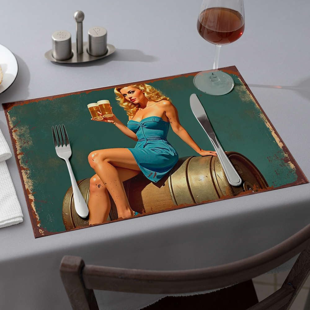 Nappe femme en robe bleue et ses six sets de table lavables au fini textile haut de gamme