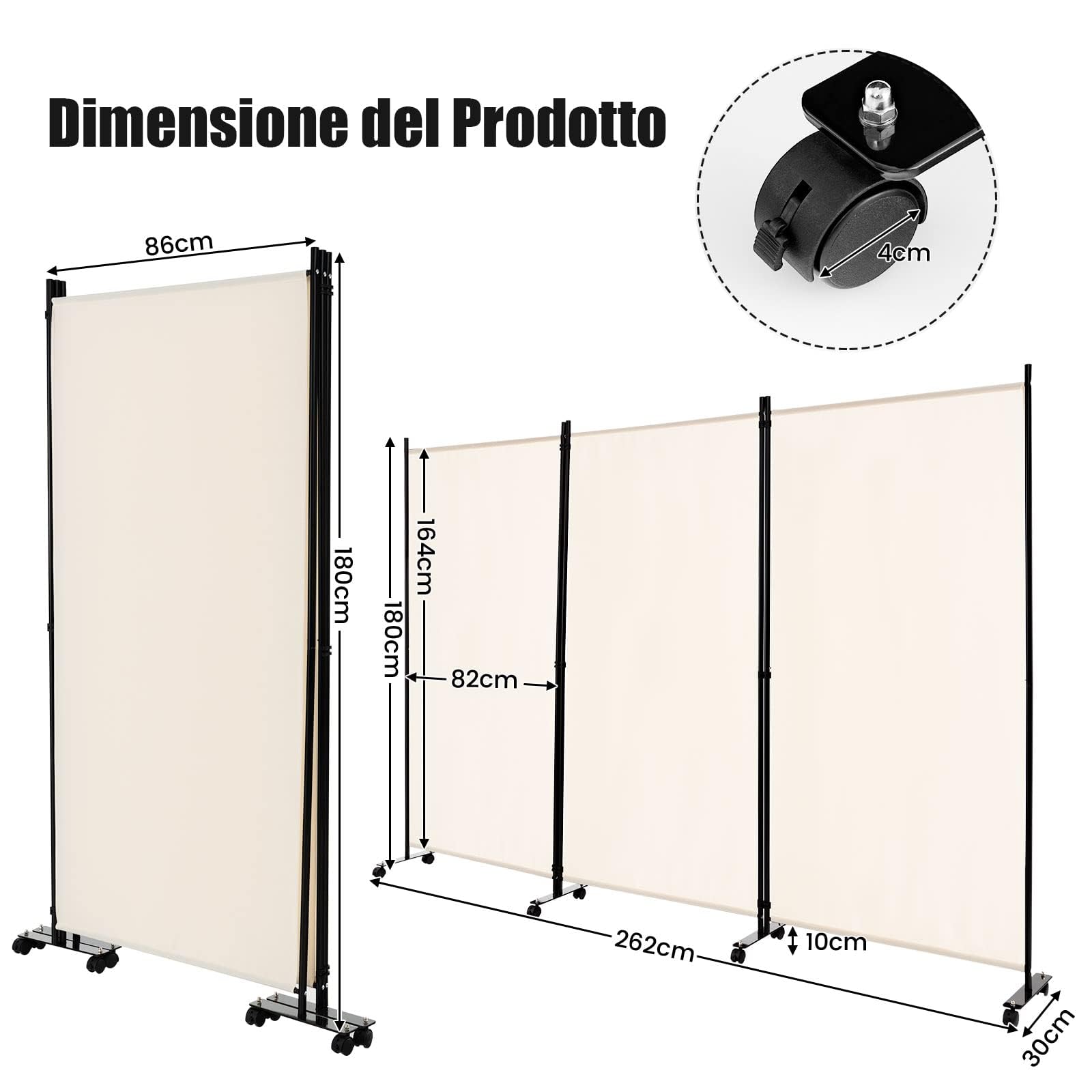 GYMAX Paravento con Ruote, da Interno Esterno, in Metallo, Piedini Stabili, Separé Divisorio, per Soggiorno, Camera da Letto, Ufficio (3 Pannelli, Beige)