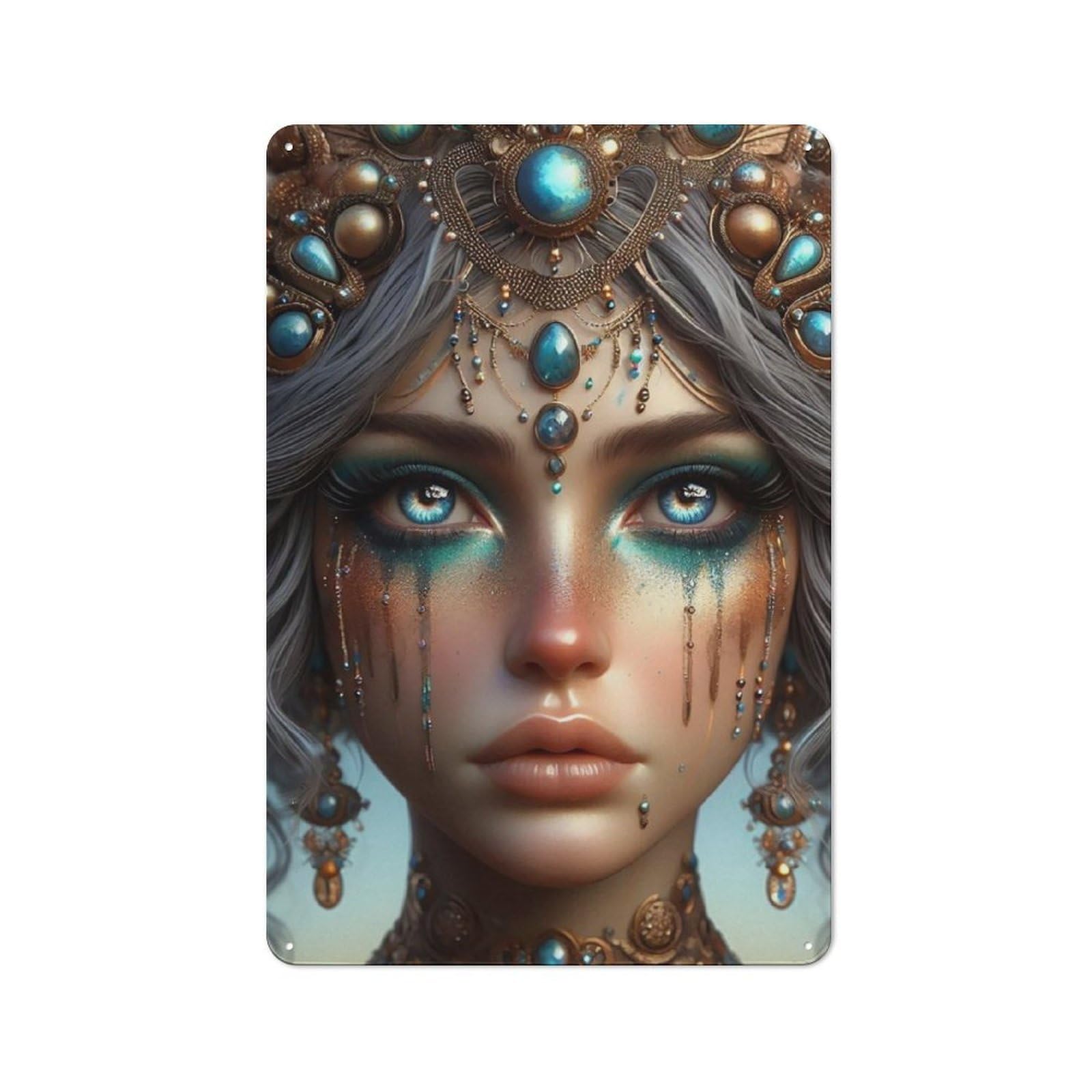 Fantasy Portrait with Jewels Decorative Metal Plaque 30x20cm, Modern Retro Urban Room Decor for Workspace, Cafe, Hallway Or Garage