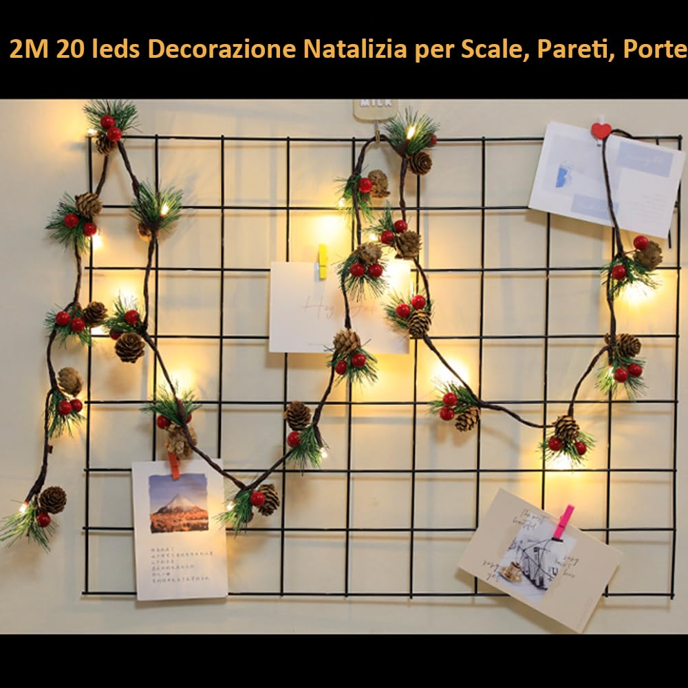 Ghirlanda Natalizia con Luci - Decorazioni Ghirlanda Natalizia 2 metri 20 leds con Pigna Frutto Rosso Pinoli Natale Decorazioni Casa per Decorare Camino Porta Scale Pareti Albero di Natale (Verde)