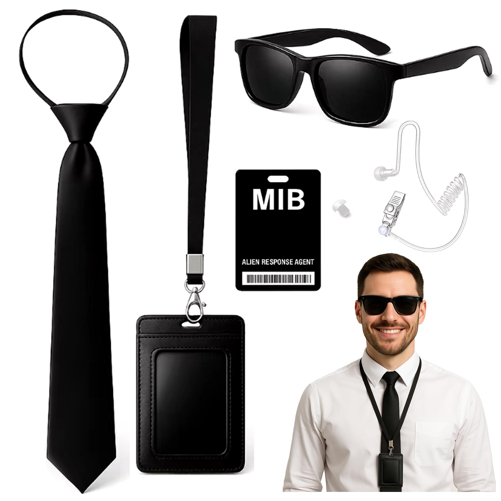 YONEEKSS 6PCS Agent Costume Accessories, Secret Service Costume Set, Spy Security Guard Outfit Kit with Black Sunglasses Zip Tie Earpiece ID Card and Card Holder for Men Women Halloween Cosplay Dress